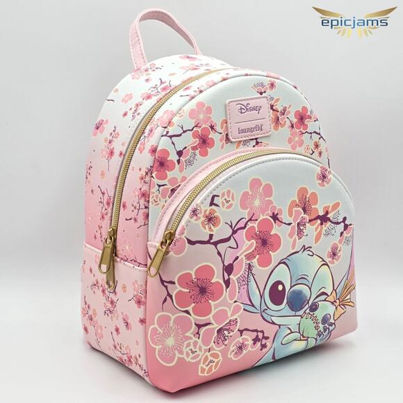 Loungefly Disney Stitch & Scrump Cherry Blossoms Pink Mini Backpack Bag New - Picture 4 of 7